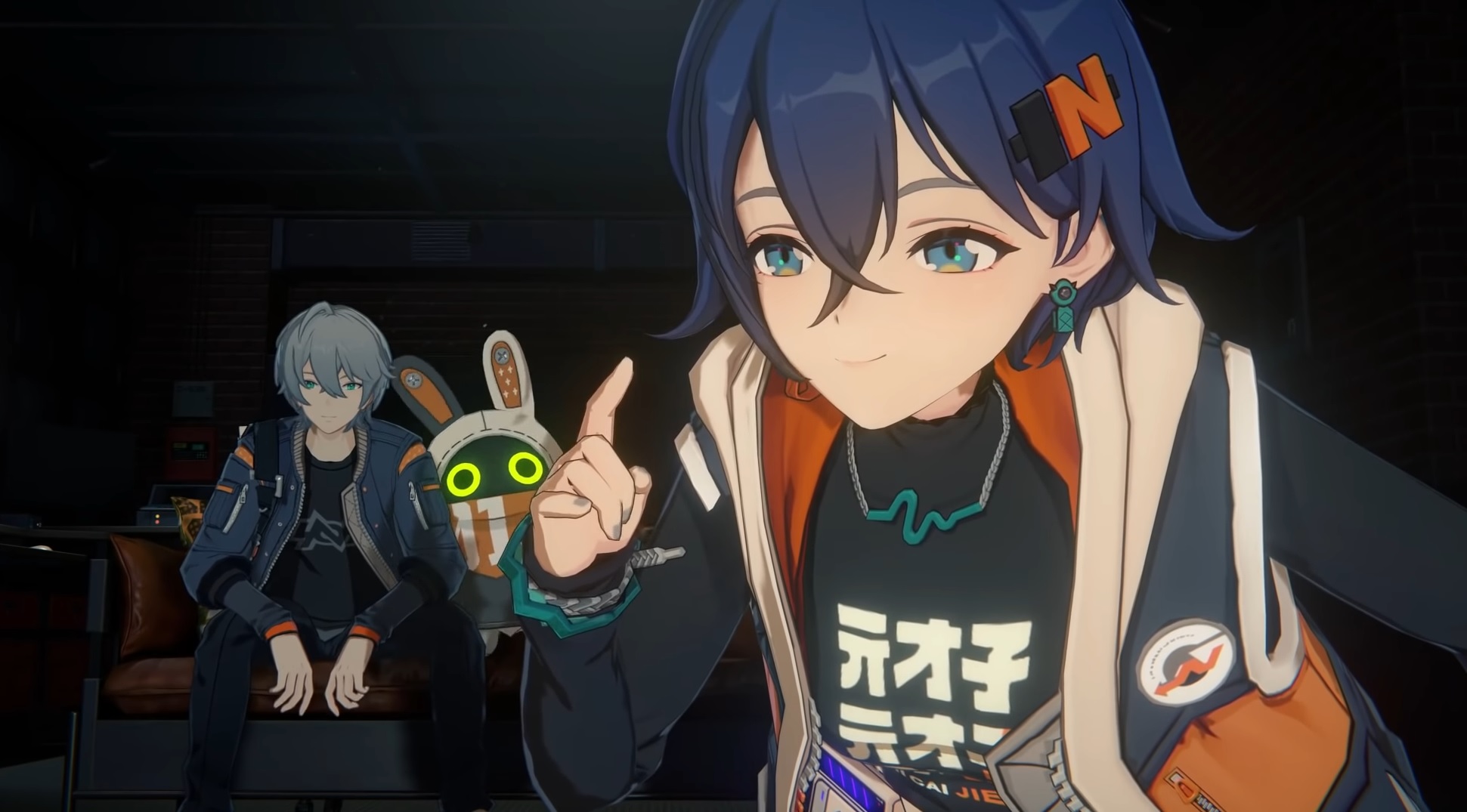 Zenless Zone Zero - A girl with short blue hair and a jacket kneels near the camera, while a boy with short blue hair sits in the background next to a stuffed bunny creature with green eyes.
