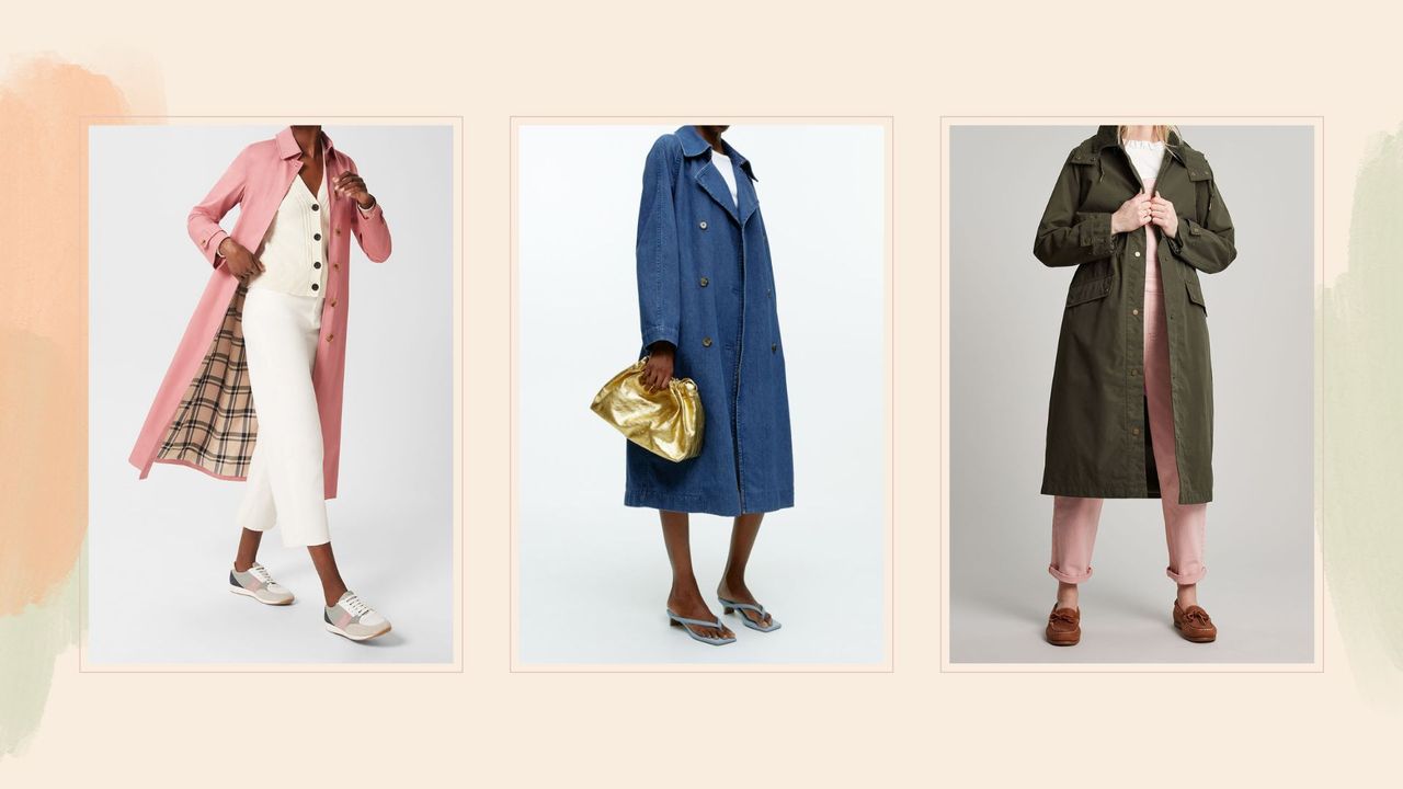 composite of three models wearing the best trench coats for women from Hobbs, H&amp;M, Joules