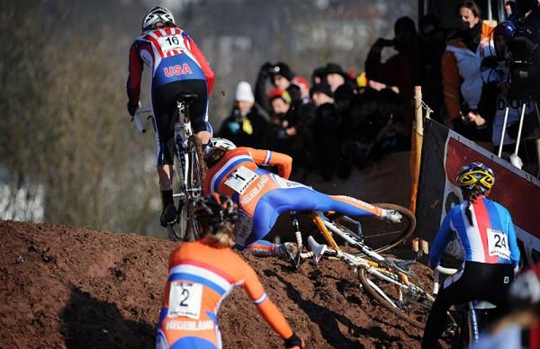Marianne Vos (Netherlands) crashes on the tricky off-camber rise.