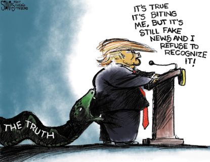 Political Cartoon U.S. Donald Trump press conference lying fake news
