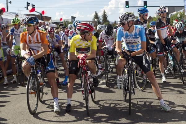 At the start line in Gunnison: Brad White (UnitedHealthcare), Levi Leipheimer (RadioShack) and Tejay Van Garderen (HTC-Highroad)
