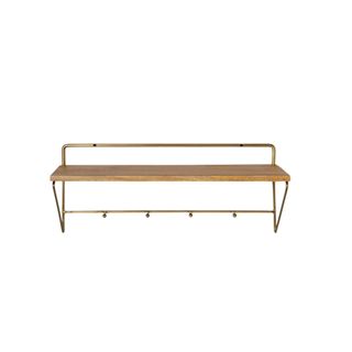 Wood & Brass Wall Shelf with Hooks