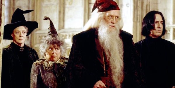 Maggie Smith as McGonagall, Miriam Margolyes as Sprout, Richard Harris as Dumbledore, Alan Rickman a