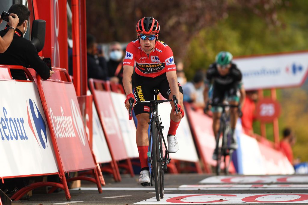 SABIANIGO SPAIN OCTOBER 24 Arrival Primoz Roglic of Slovenia and Team Jumbo Visma Red Leader Jersey during the 75th Tour of Spain 2020 Stage 5 a 1844km Huesca to Sabinigo 835m lavuelta LaVuelta20 La Vuelta on October 24 2020 in Sabinigo Spain Photo by David RamosGetty Images