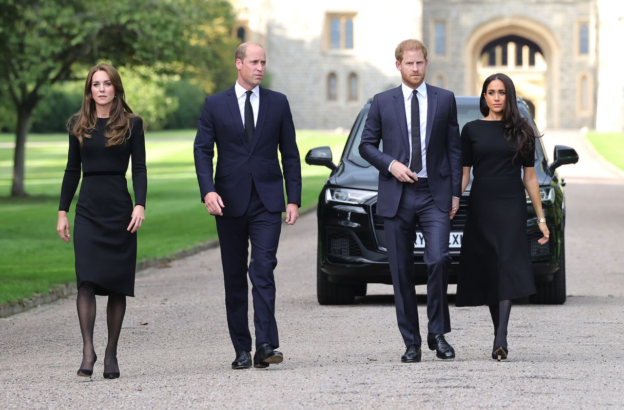 Catherine, Princess of Wales, Prince William, Prince of Wales, Prince Harry, Duke of Sussex, and Meghan, Duchess of Sussex on the long Walk at Windsor Castle on September 10, 2022 in Windsor, England