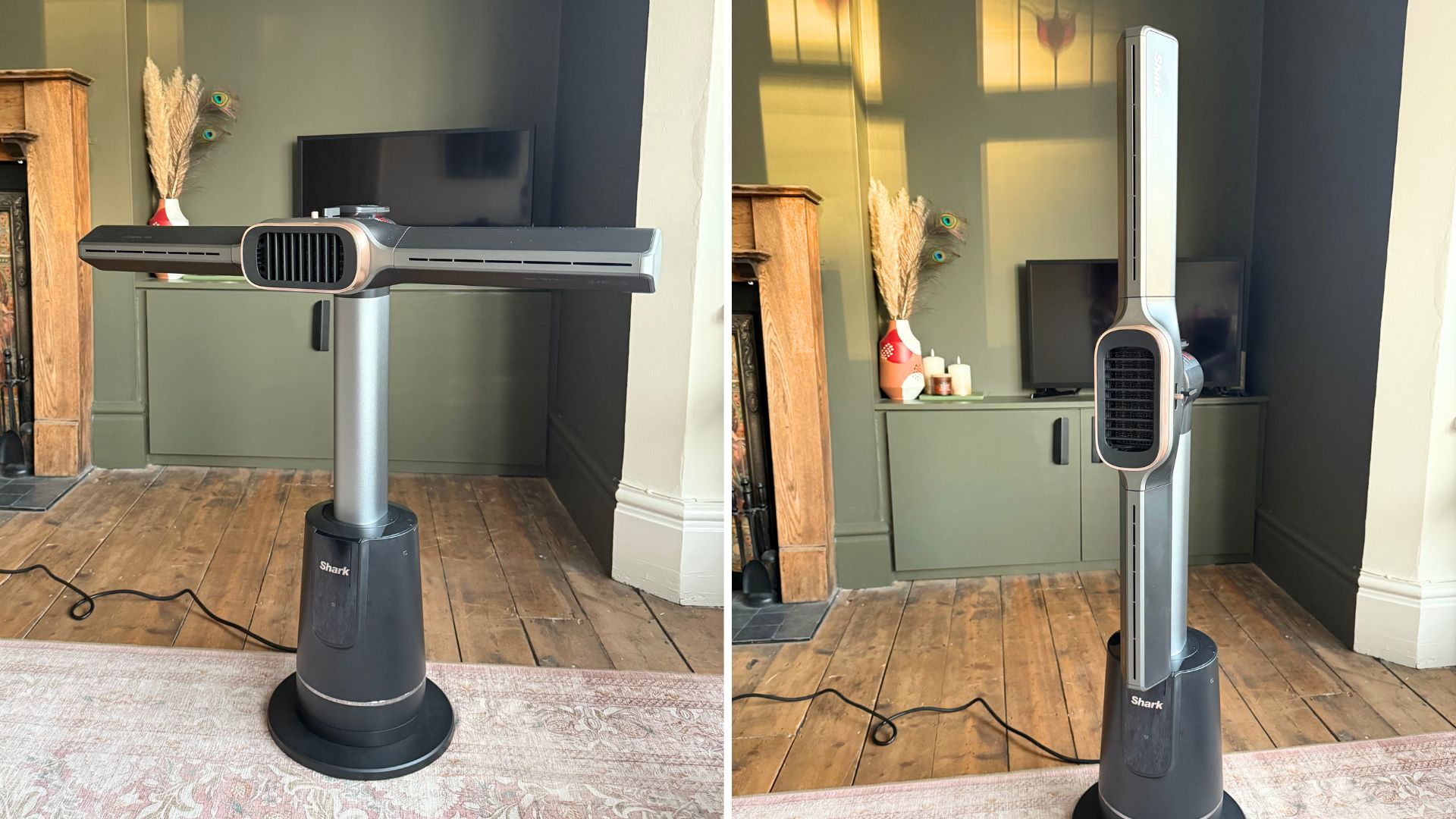 Shark TurboBlade cool + heat fan in a green living room