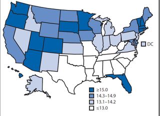 A map of the United States showing healthy life expectancy - how many years a person can be expected to live in good health - by state.