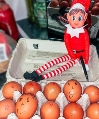 An elf sitting on a carton of chicken eggs which have had facial expressions drawn on them with pen