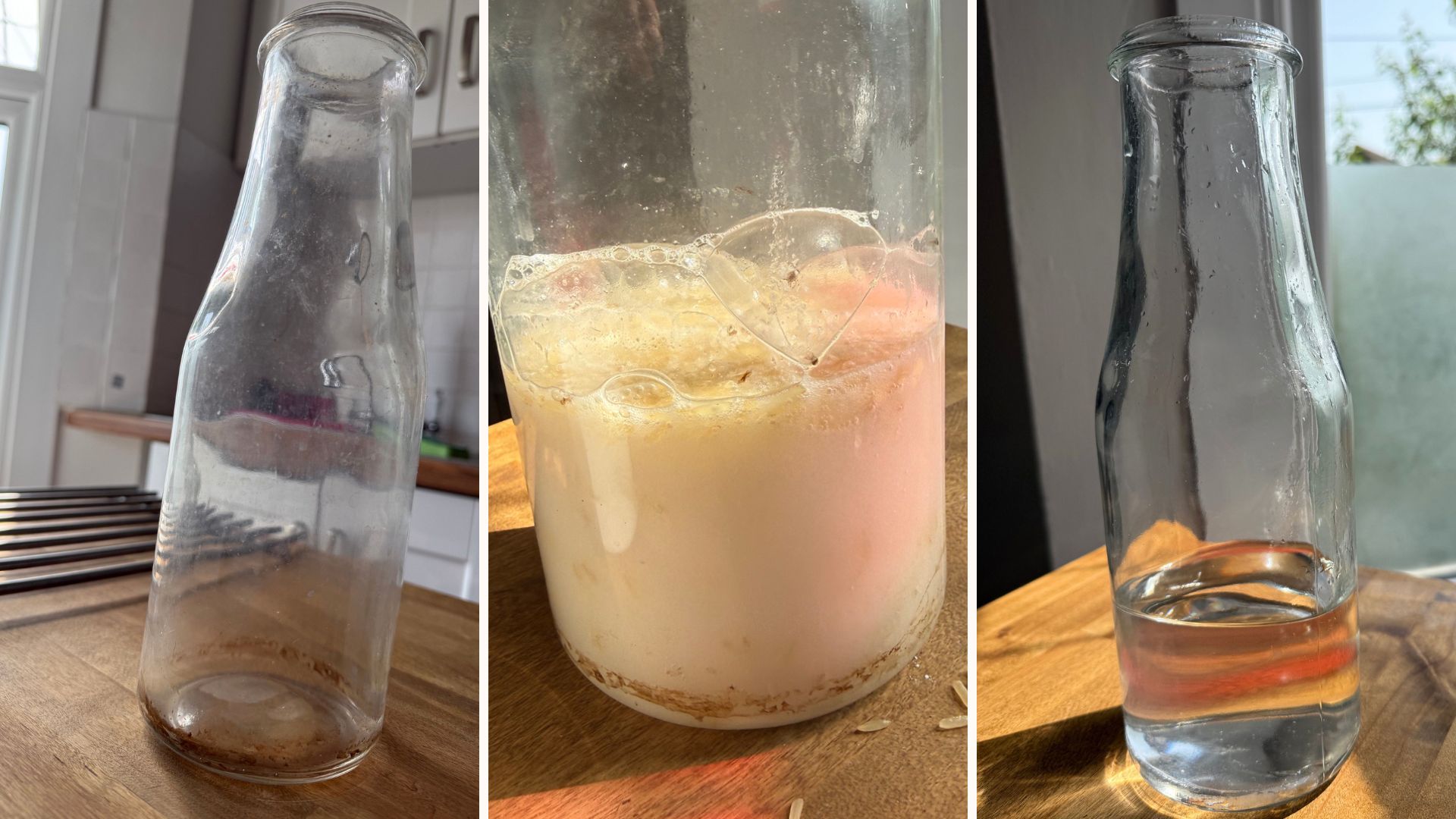Compilation images of before and after using a chemcial-free vase cleaning trick
