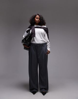 Mango Curve Pleat Front Wide Leg Pants in Gray