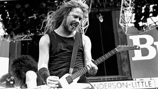 Singer, songwriter and guitarist James Hetfield of the heavy metal band Metallica is shown performing on stage during a "live" concert appearance on June 12, 1988.