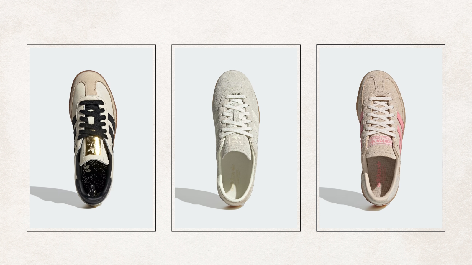 composite image of adidas samba, gazelle and handball spezial shoes