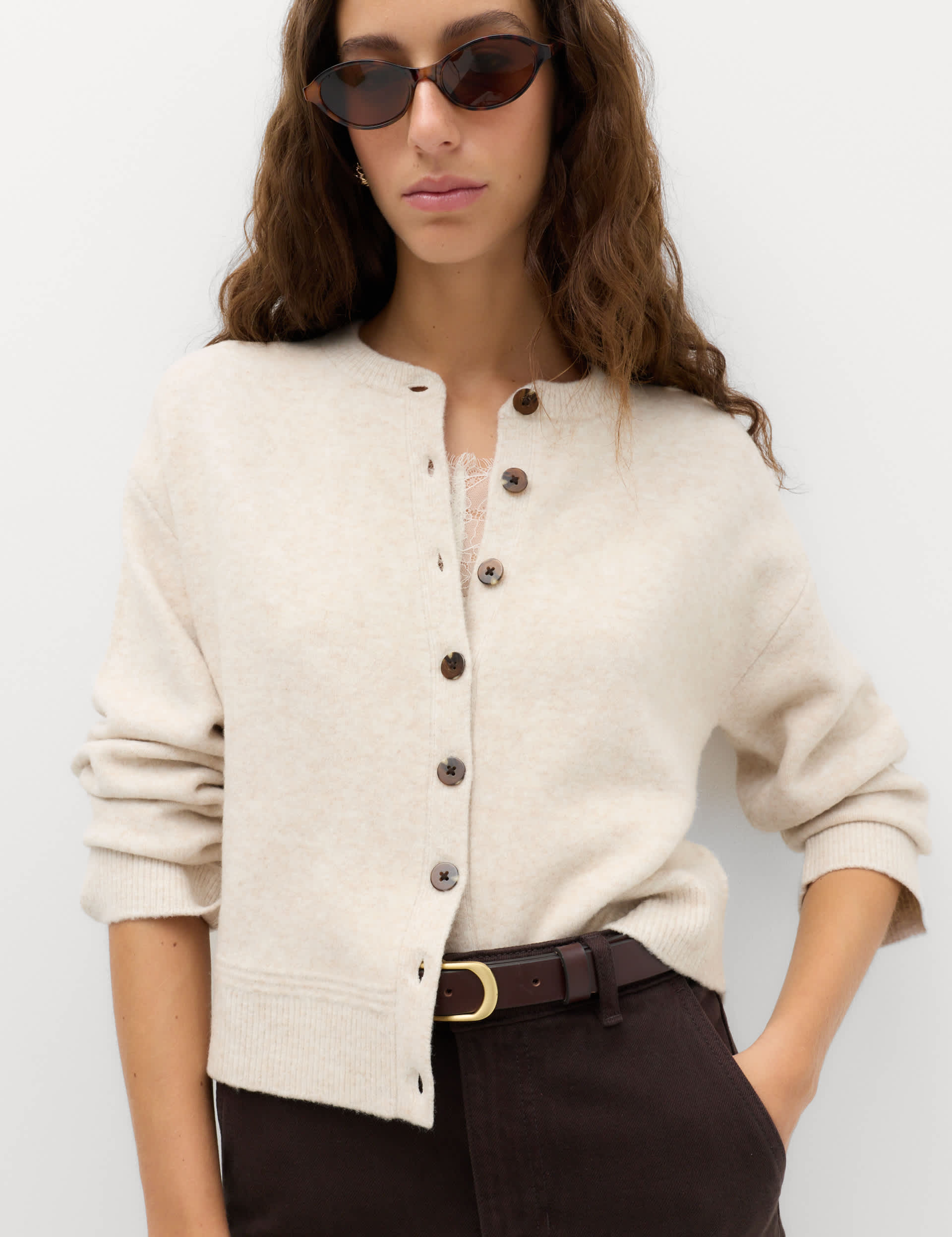 Crew Neck Cardigan With Wool