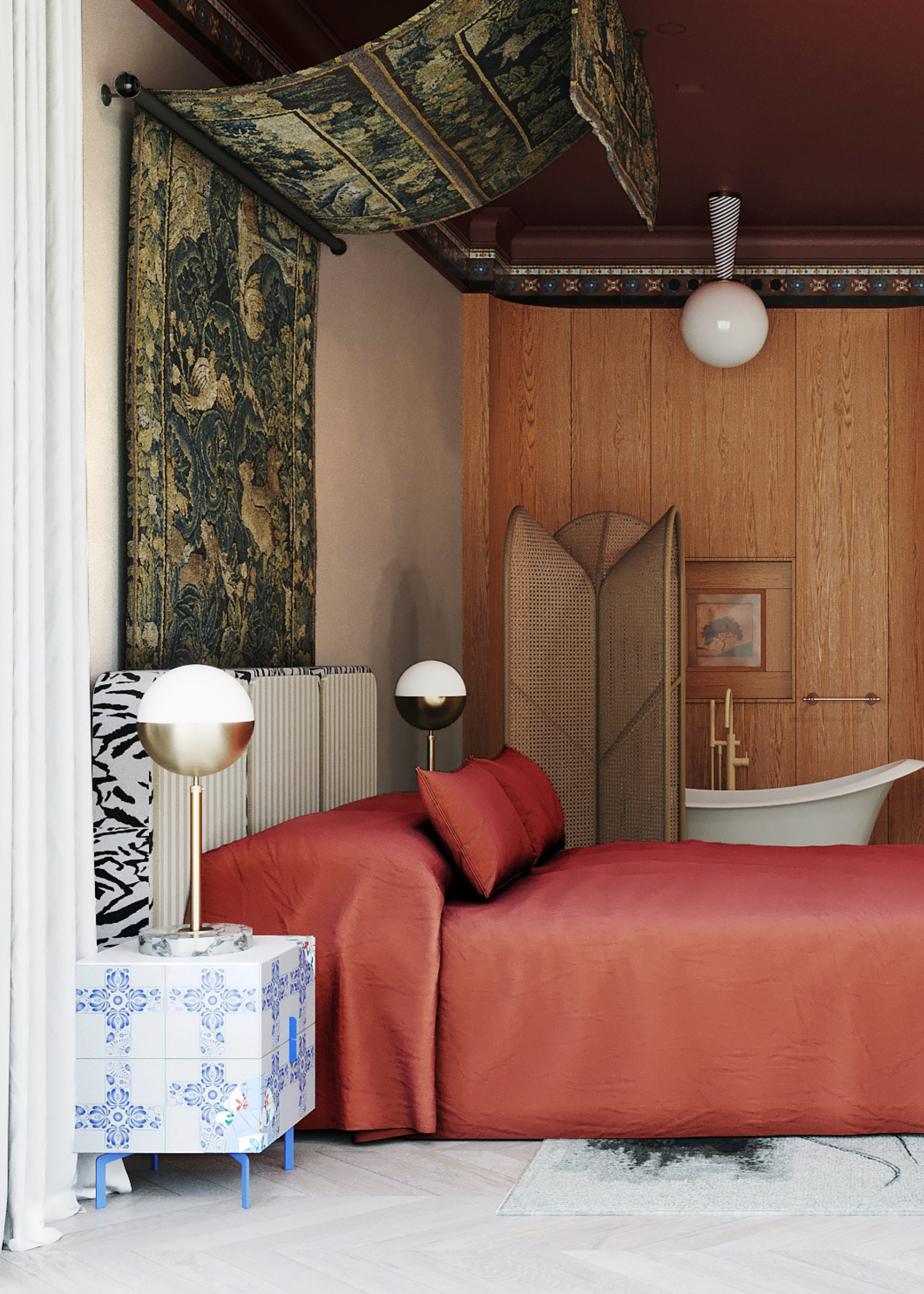 A bedroom with an overhead hanging tapestry, a pair of tiled side tables with lamps, a room divider and a bath tub