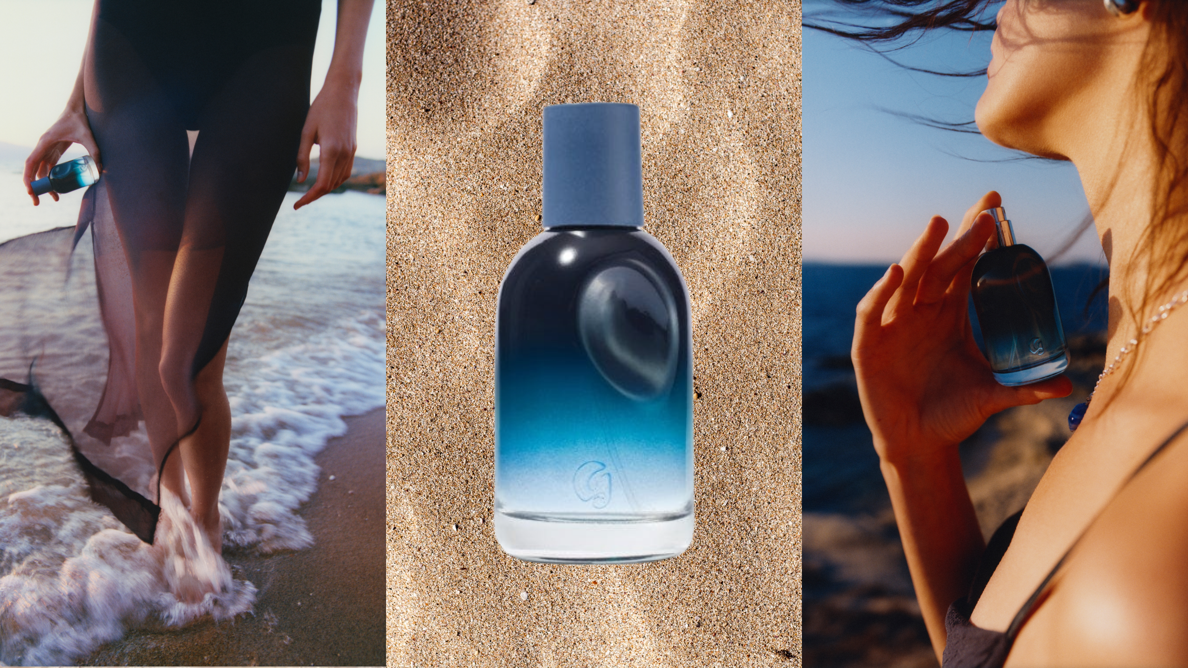 Collage of glossier you soie perfume models on the beach with the perfume bottle on background of close-up sand 