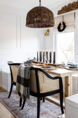 neutral holiday tablescape with black candles