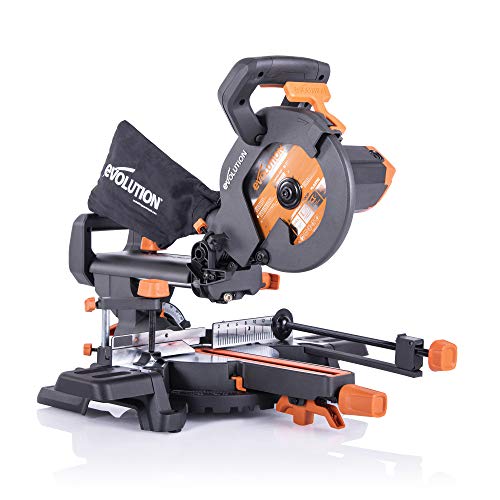 Evolution Power Tools R210sms+ Sliding Mitre Saw With Multi-Material Cutting, Cuts Wood, Metal, Plastic &amp;amp; More, 45&amp;deg; Bevel, 50&amp;deg; Mitre, 230mm Slide, 1500 W (230 V)