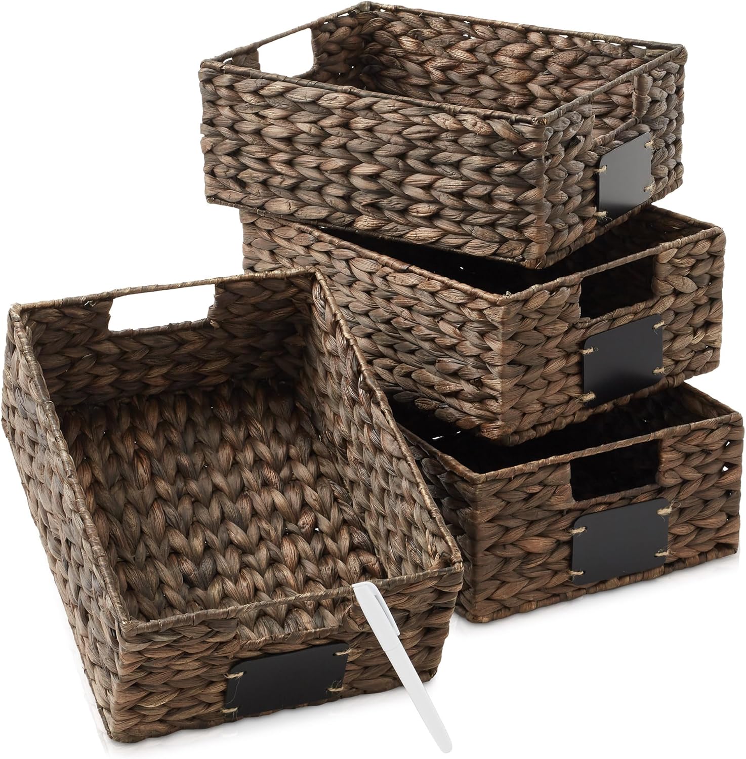 Casafield Set of 4 Water Hyacinth Pantry Baskets, 10" X 13" X 5", With Chalkboard Labels and Chalk Marker - Espresso, Woven Storage Bin Organizers for Kitchen Shelves