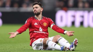 Bruno Fernandes of Manchester United reacts during the Premier League match between Newcastle United and Manchester United at St James' Park on March 04, 2026 in Newcastle upon Tyne, England.
