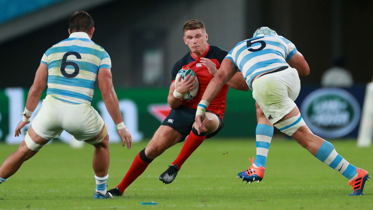 Argentina’s Tomas Lavanini (No.5) was sent off for a high tackle on England’s Owen Farrell