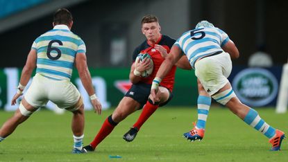 Argentina’s Tomas Lavanini (No.5) was sent off for a high tackle on England’s Owen Farrell