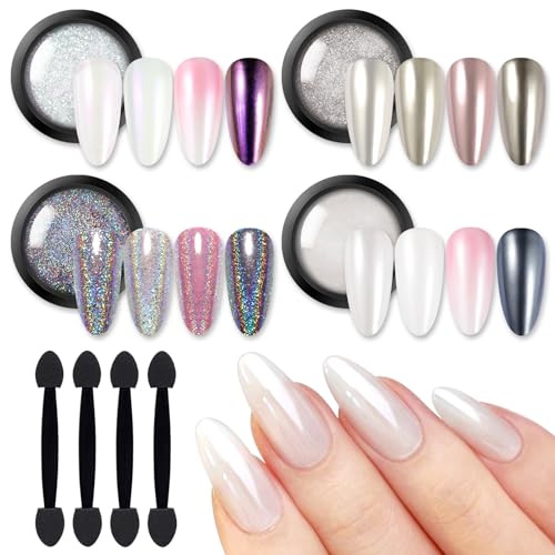 Naturally beautiful chrome nail polish metal metal powder nail glitter powder super mirror rainbow neon sparkling nail pearl powder has magic effect, used to decorate manicure design 4 boxes: Amazon.co.uk: Beauty