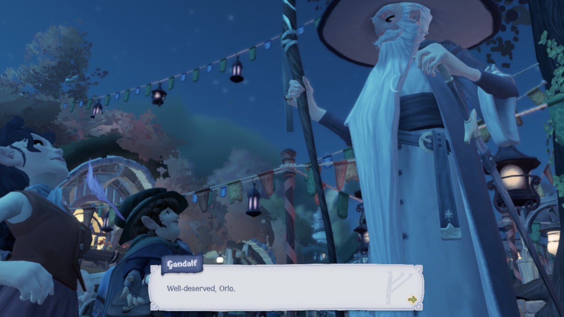 Gandalf chatting to Orlo Proudfoot and the player during Tales of the Shire.