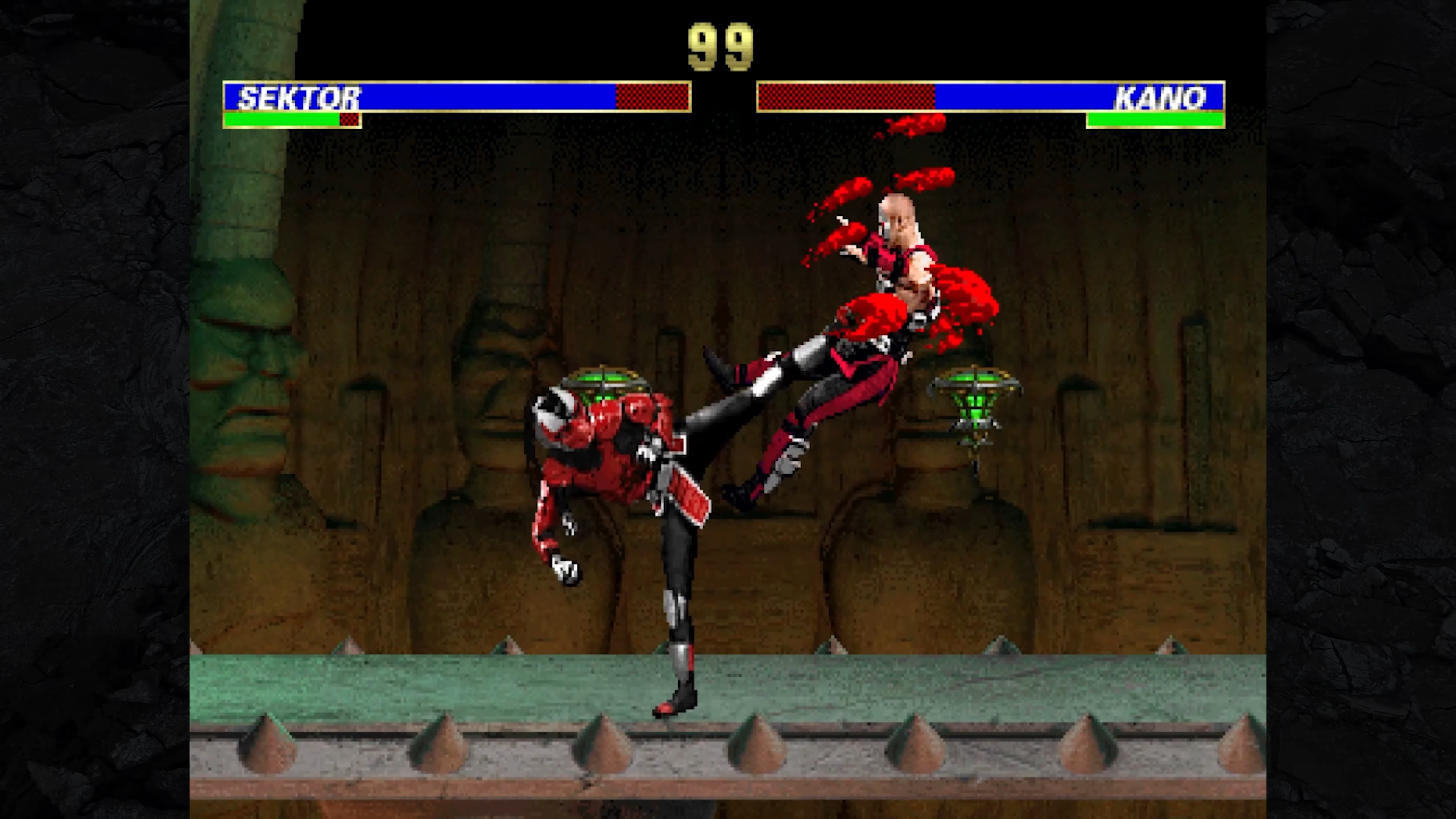 In-game screenshot of a fight between Sektor and Kano in Mortal Kombat: Legacy Kollection