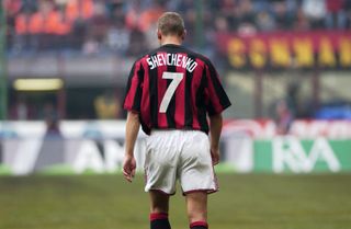 A photo taken from behind of Andriy Shevchenko playing for Milan in 2003