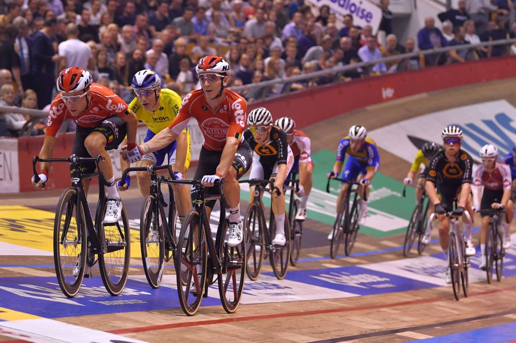 GENT BELGIUM NOVEMBER 17 Tosh Van Der Sande of Belgium and Team Captains of Cycling Jasper De Buyst of Belgium and Team Captains of Cycling during the 79th 6 Days Gent 2019 Day 6 Track Kuipke Track Velodrome zesdaagsegent ghent6day on November 17 2019 in Gent Belgium Photo by Luc ClaessenGetty Images