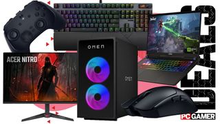 A selection of PC Gaming gear on a pink and white deals background