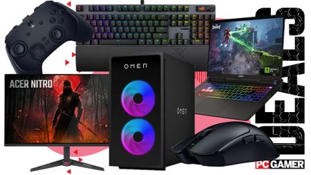 A selection of PC Gaming gear on a pink and white deals background
