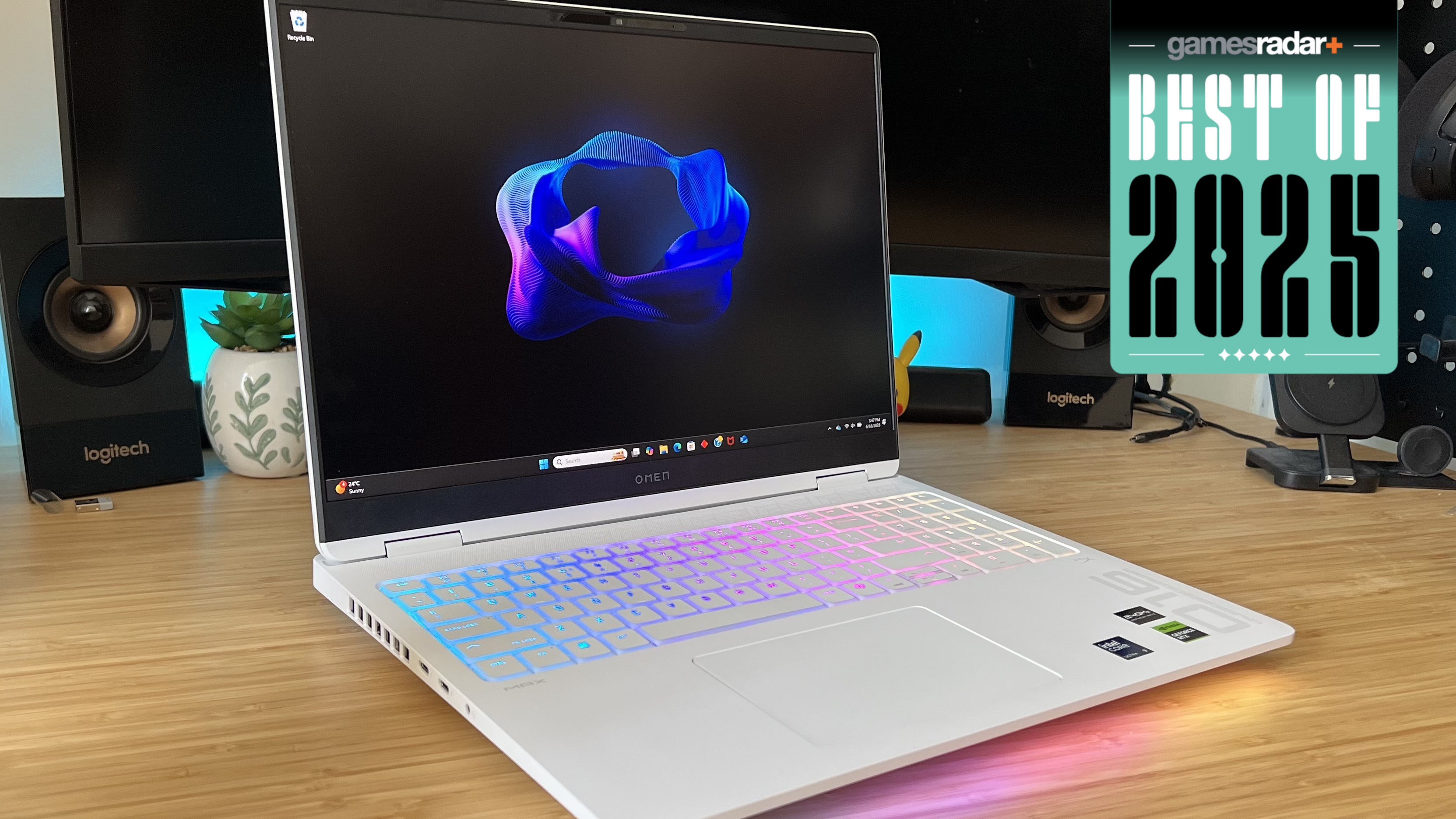 HP Omen Max 16 gaming laptop on a wooden desk with GamesRadar+ Best of 2025 badge