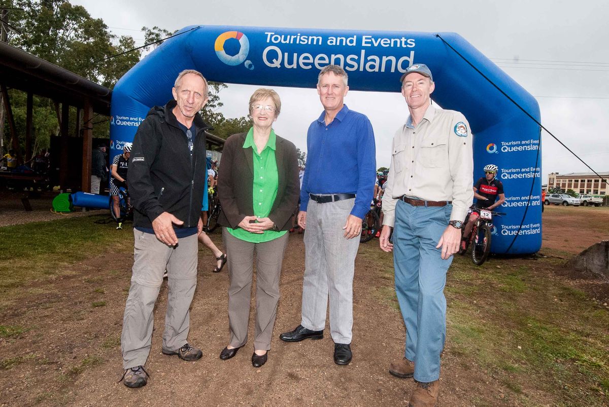 Race start at the Atherton MTB Park - Organiser Gerhard Schoenbacher (left) with officials from the local council and mountain bike clubs