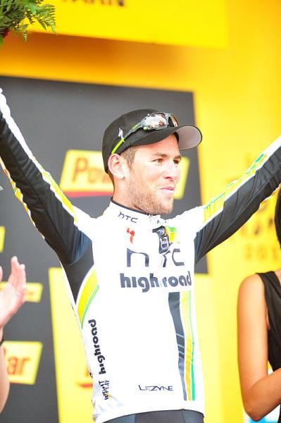 Stage 11 winner Mark Cavendish (HTC-Highroad) on the podium.
