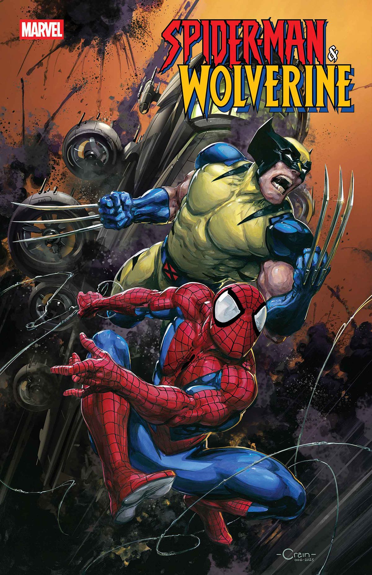 Spider-Man &amp; Wolverine #1 cover by Clayton Crain featuring Spider-Man swinging into action with Wolverine charging in behind him.
