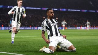 Joe Willock of Newcastle United celebrates scoring a goal during the UEFA Champions League 2025/26.
