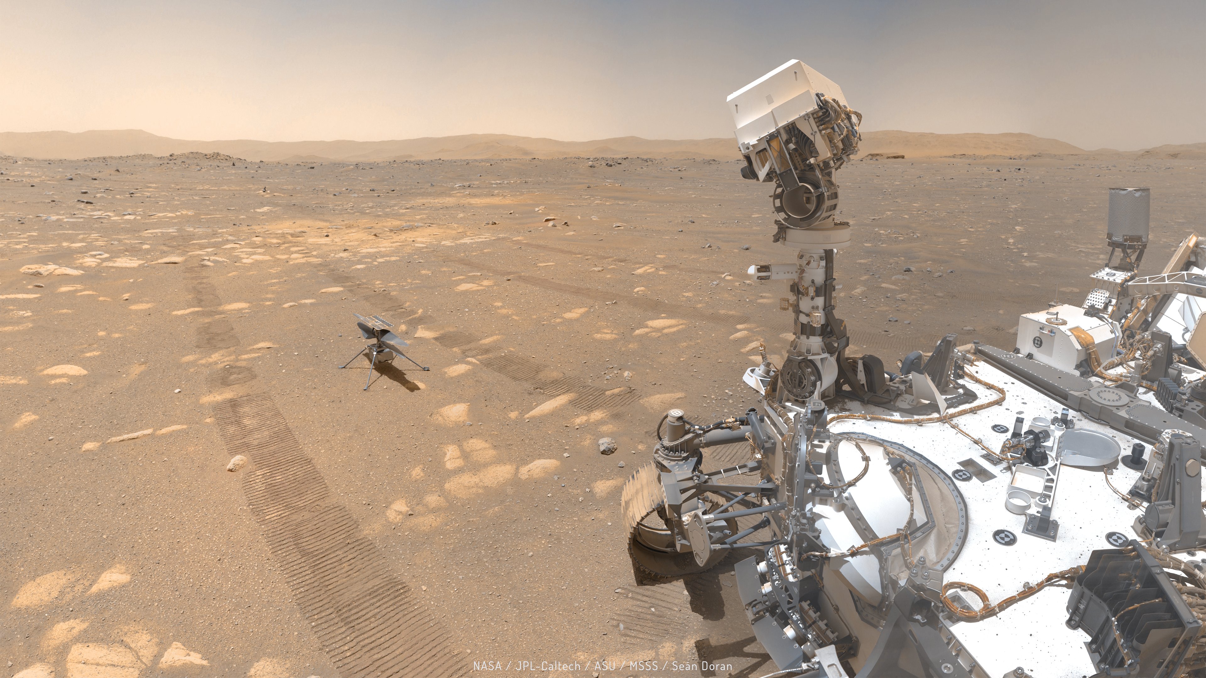 El científico ciudadano Seán Doran creó este mosaico del helicóptero Perseverance and Ingenuity del rover de Marte de la NASA utilizando 62 imágenes tomadas por Perseverance el 6 de abril de 2021.