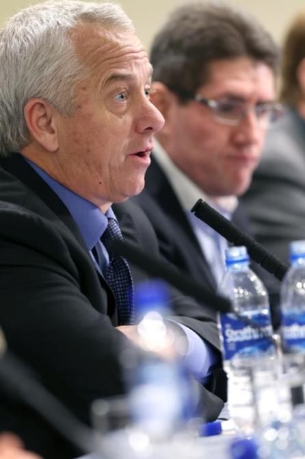 Greg LeMond speaks to the media at the Change Cycling Now press conference.