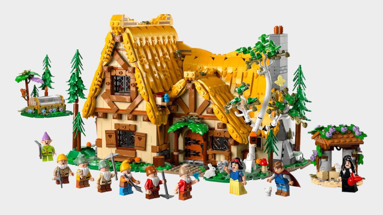 Lego Snow White and the Seven Dwarfs' Cottage set on a plain background