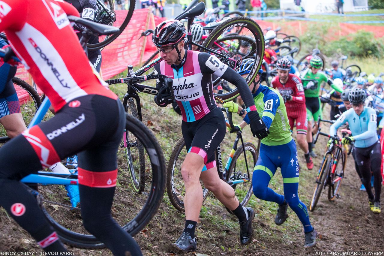 Powers is caught in midpack traffic and wastes no time in moving up.