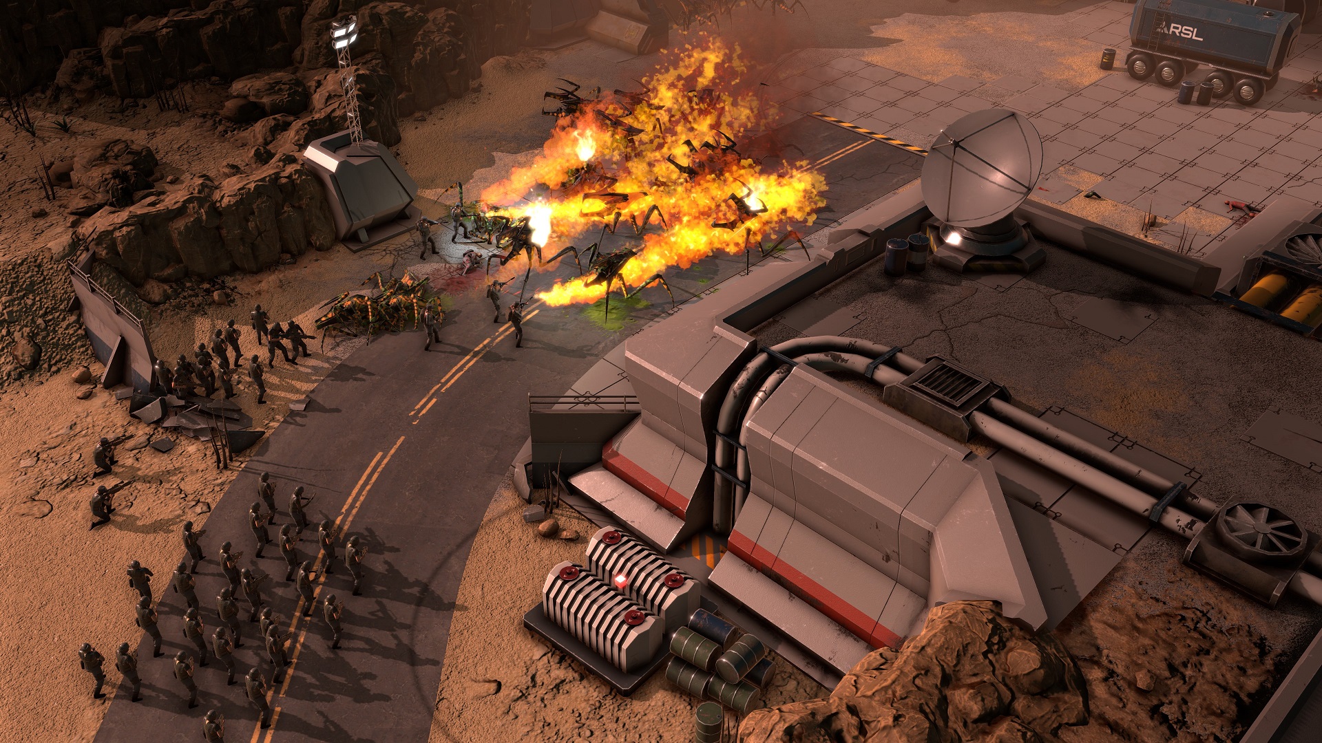 The Mobile Infantry facing off against a hoard of bugs in Starship Troopers: Terran Command.