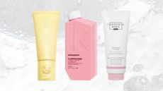 Lineup of three of the best conditioners for fine hair (L-R) from Oribe, Kevin Murphy and Christophe Robin, on a white marble background with foam pictures