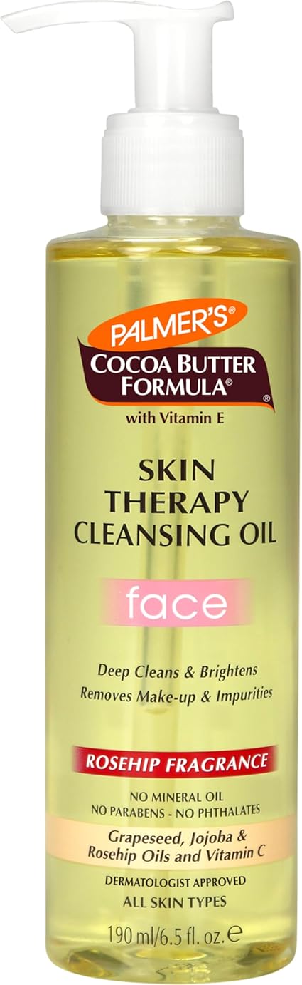 Clear bottle with yellowy liquid that says Palmers Cocoa Butter Formula Skin Therapy Cleansing Oil