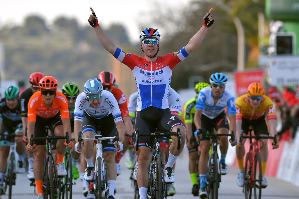 LAGOS PORTUGAL FEBRUARY 19 Arrival Fabio Jakobsen of The Netherlands and Team Deceuninck Quick Step Celebration Elia Viviani of Italy and Team Cofidis Matteo Trentin of Italy and CCC Team Alexander Kristoff of Norway and UAETeam Emirates during the 46th Volta ao Algarve 2020 Stage 1 a 1956km stage from Portimo to Lagos VAlgarve2020 on February 19 2020 in Lagos Portugal Photo by Tim de WaeleGetty Images