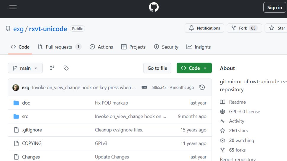 Website screenshot of rxvt-unicode (August, 2025)