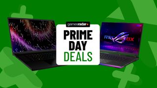 Prime Day deals badge with gaming laptops either side on a green background