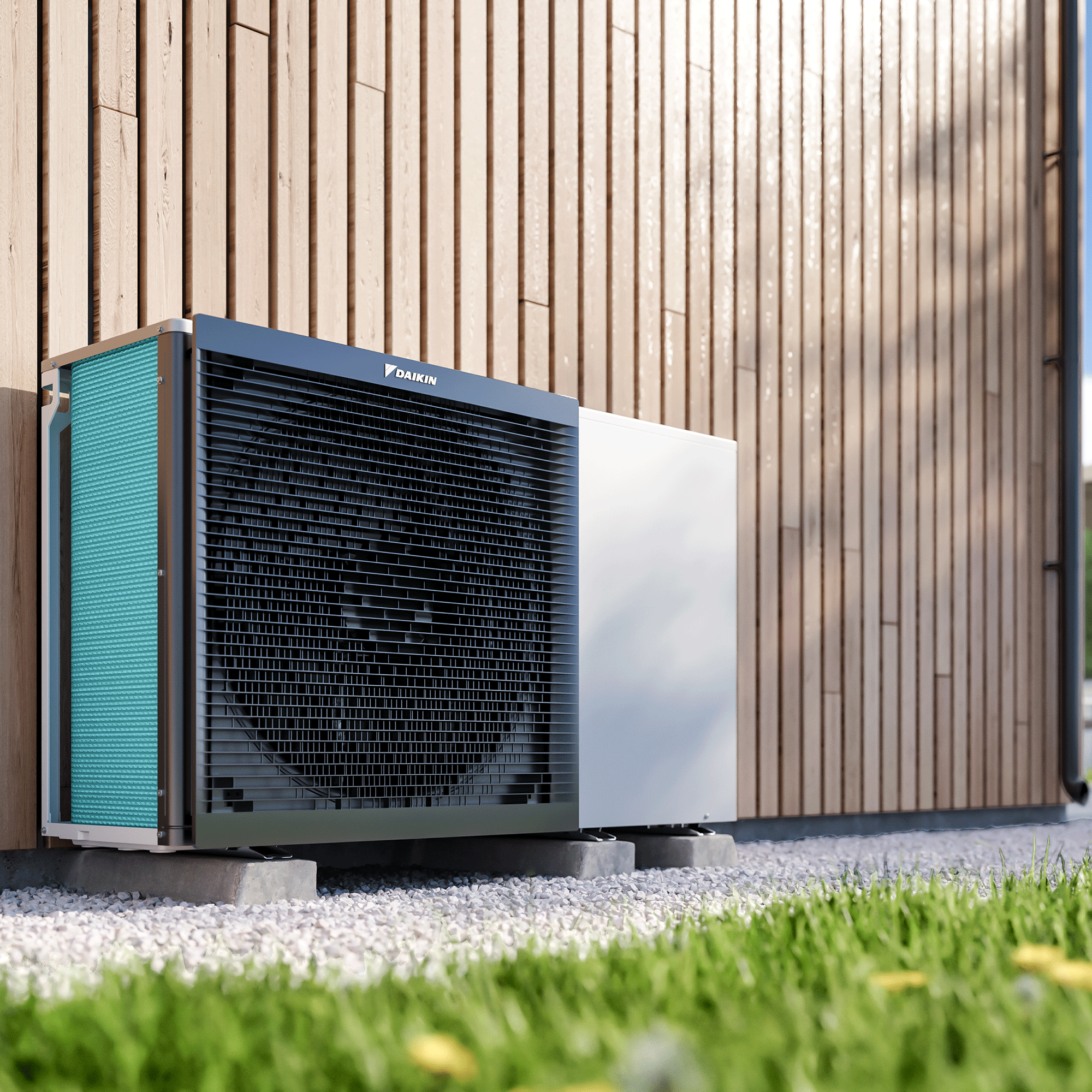 Wooden house exterior with air source heat pump