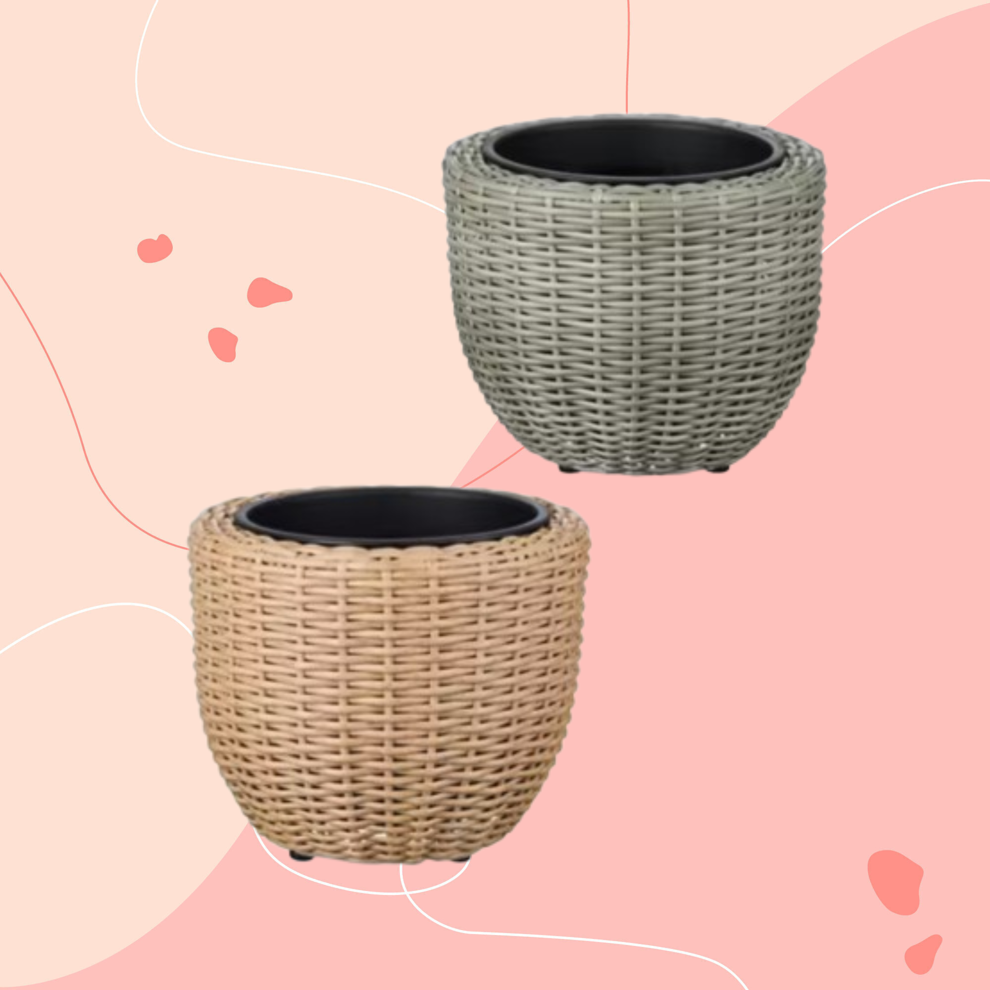 Aldi rattan planter on pink background.