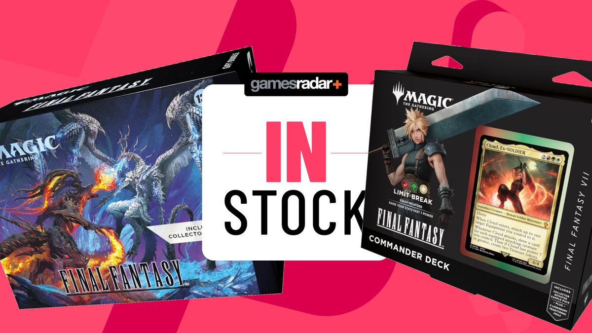 MTG Final Fantasy Bundle: Gift Edition and Limit Break Commander deck box on either side of a &#039;in stock&#039; GamesRadar+ badge, all against a pink background